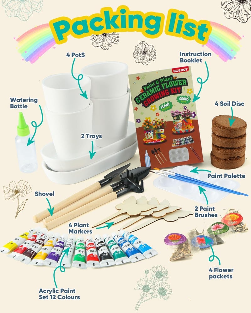 RGBDOT Kids Gardening Set Paint and Plant Stoneware Flower Gardening Kit with 4 Pots Arts and Crafts for Kids Ages 8-12 Best Children’s Day Gift for Girls Boys Ages 5 6 7 8 9 10 - Image 2